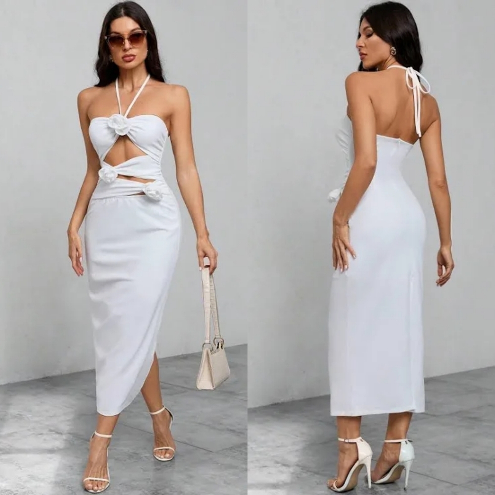 SHEIN Privé Cut Out Front Halter Neck Backless Dress - White